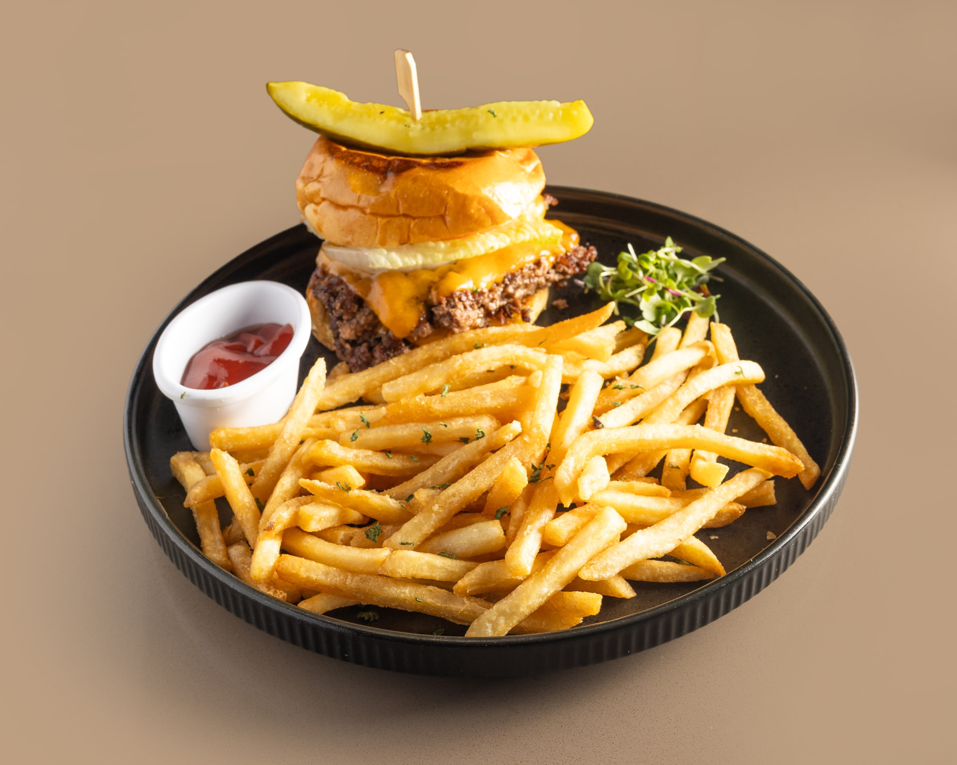 Smash burger at Five Oaks Taproom