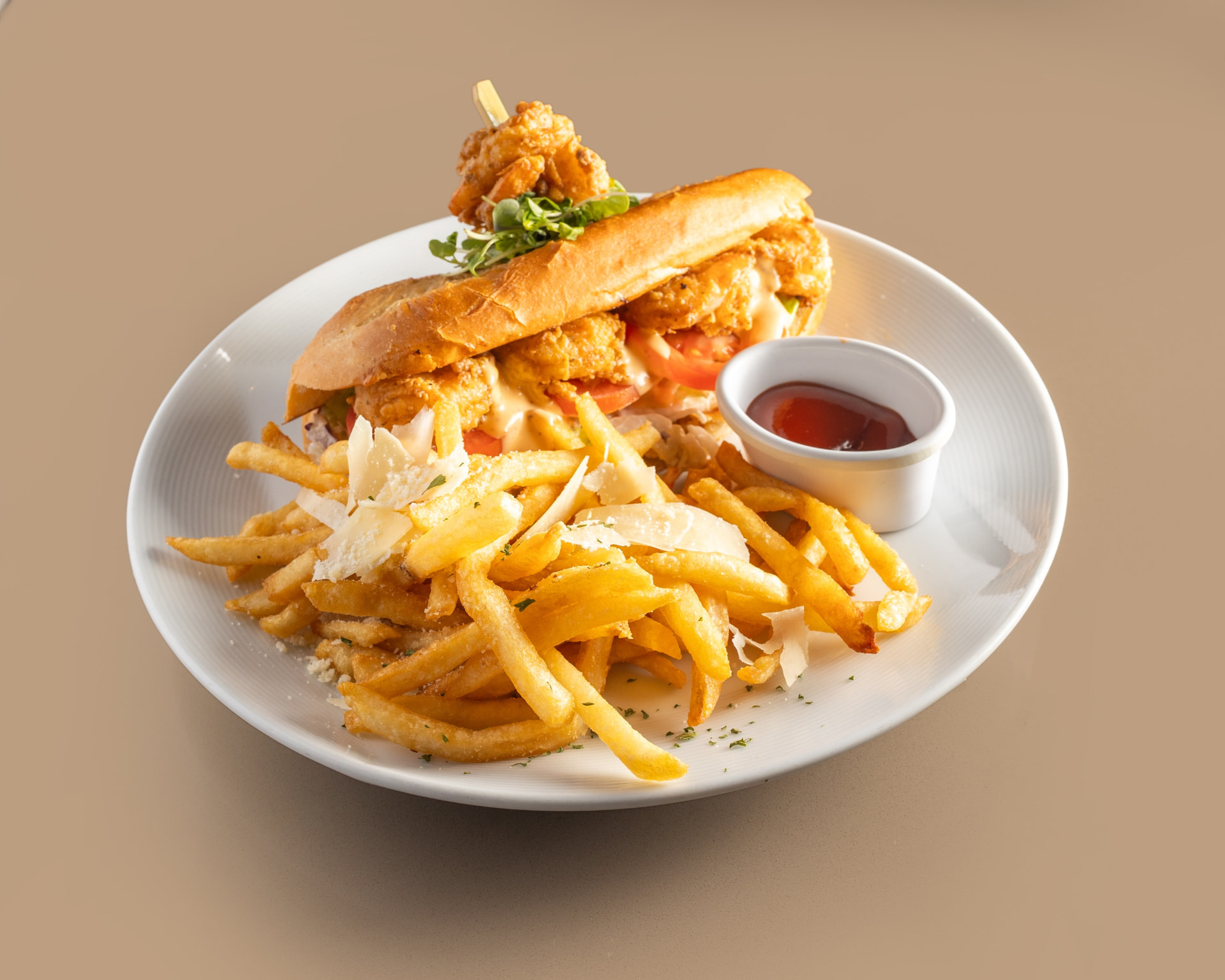 Shrimp po' boy at Five Oaks Taproom