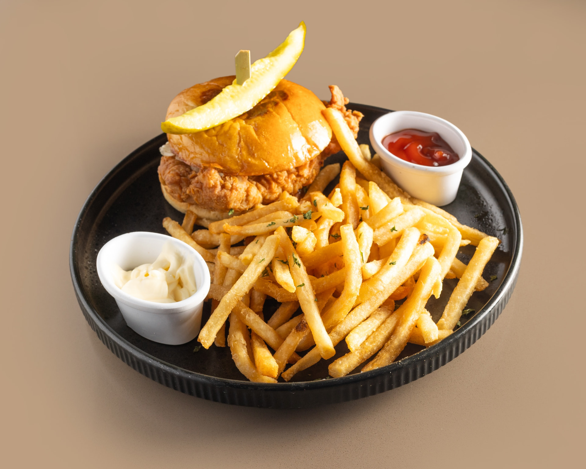 Fried chicken sandwich at Five Oaks Taproom